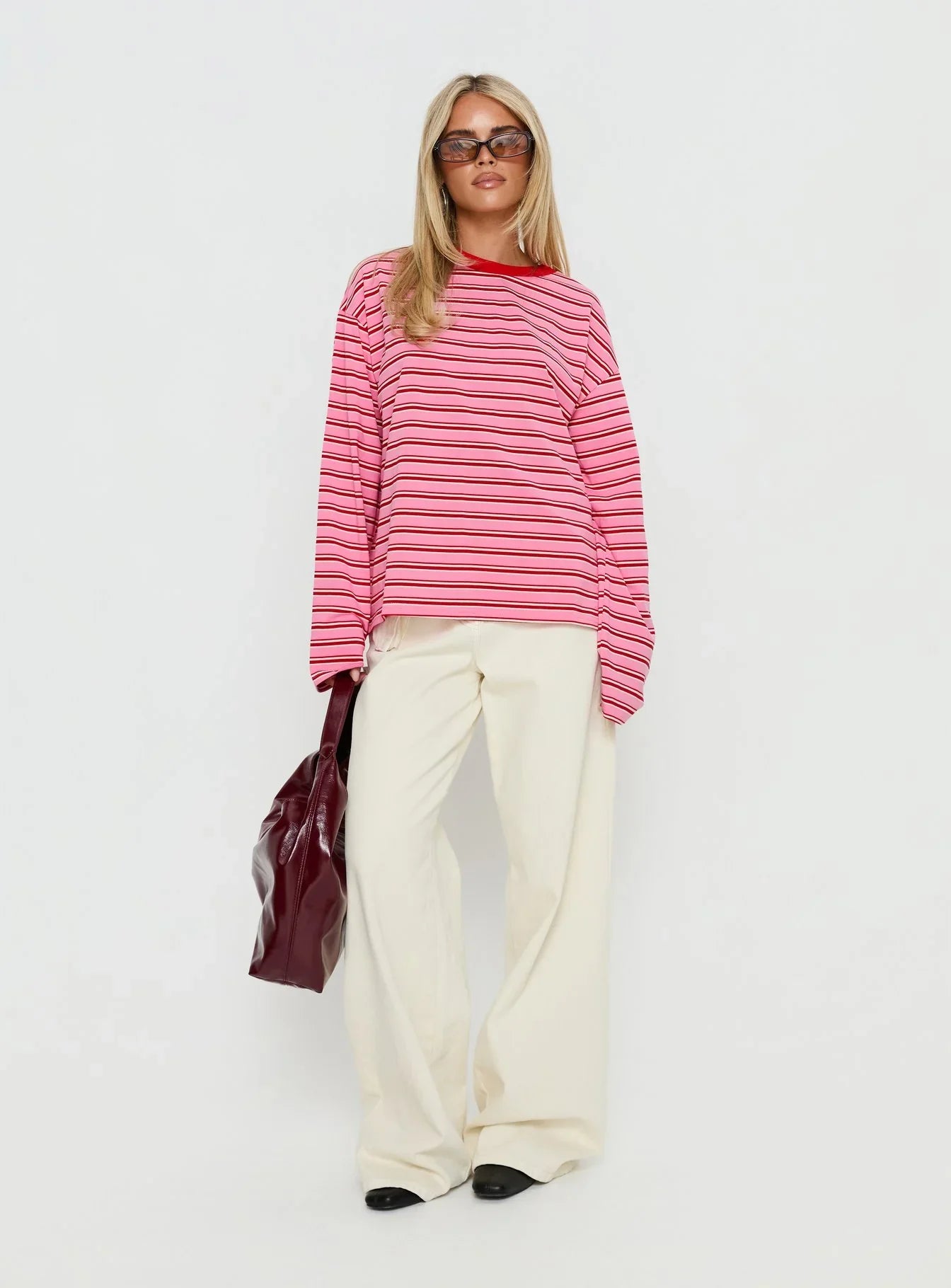 Settle Down Long Sleeve Top Pink Red Stripe